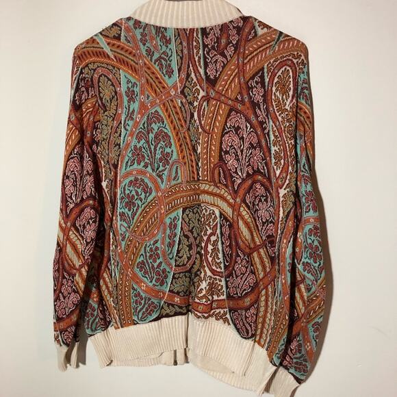 Peruvian Connection full zip turquoise rust print pima cotton cardigan womens L - Picture 2 of 11
